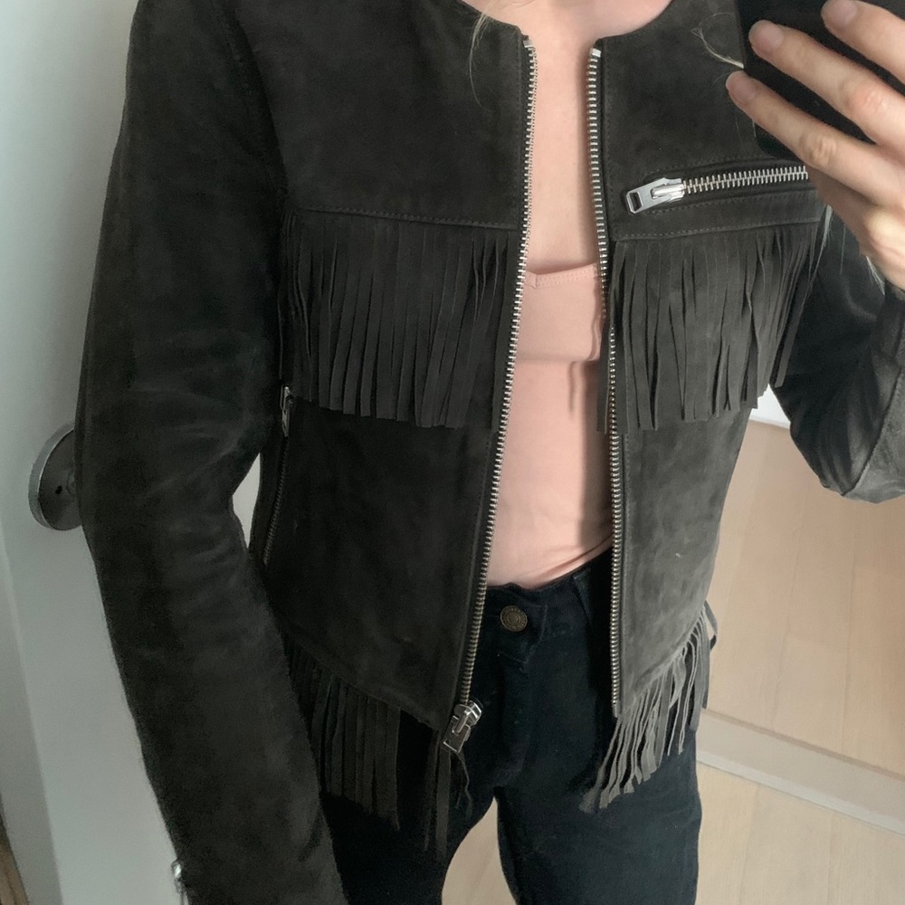 Topshop Dark Gray Suede Fringe Moto Jacket
